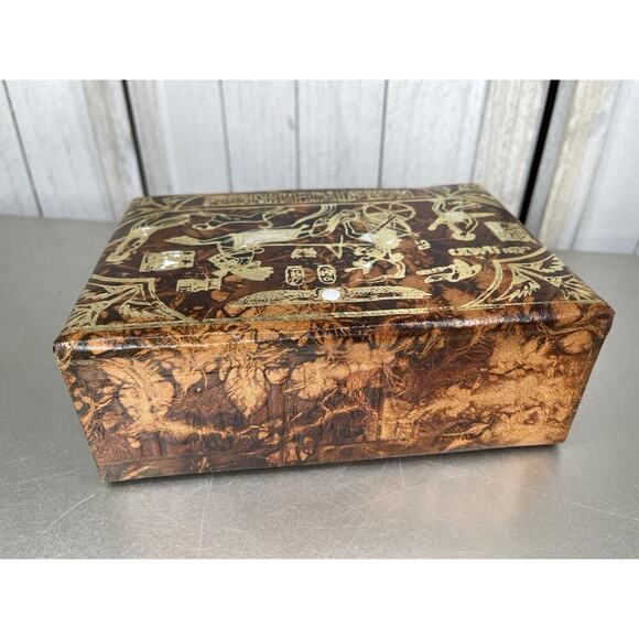 VTG Egyptian Camel Leather Lock Jewelry Box Osiris King Tut Hieroglyphic Gold - Picture 3 of 11